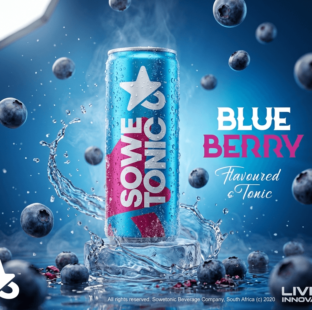 Premium Sowetonic blueberry beverage hero after Creative OS direction