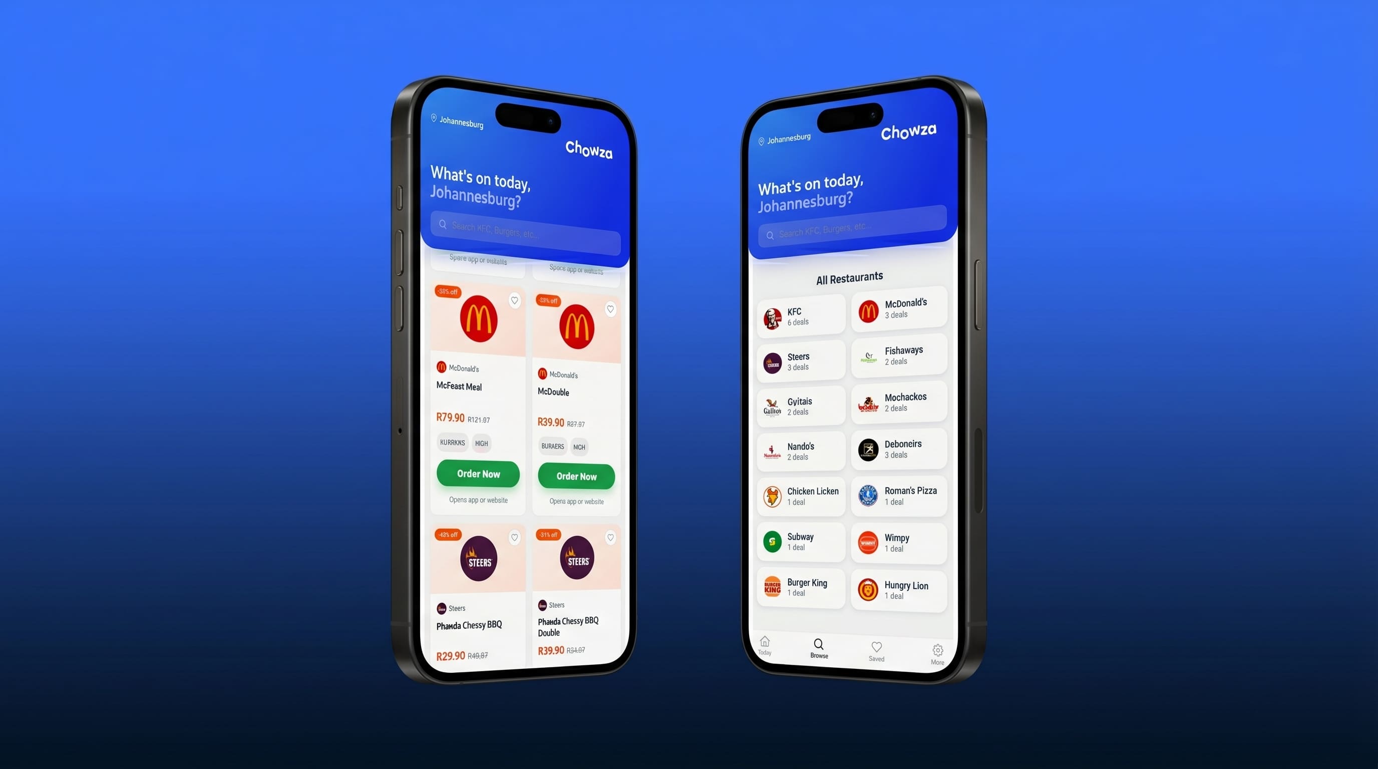 Two phones showing an app feed and directory