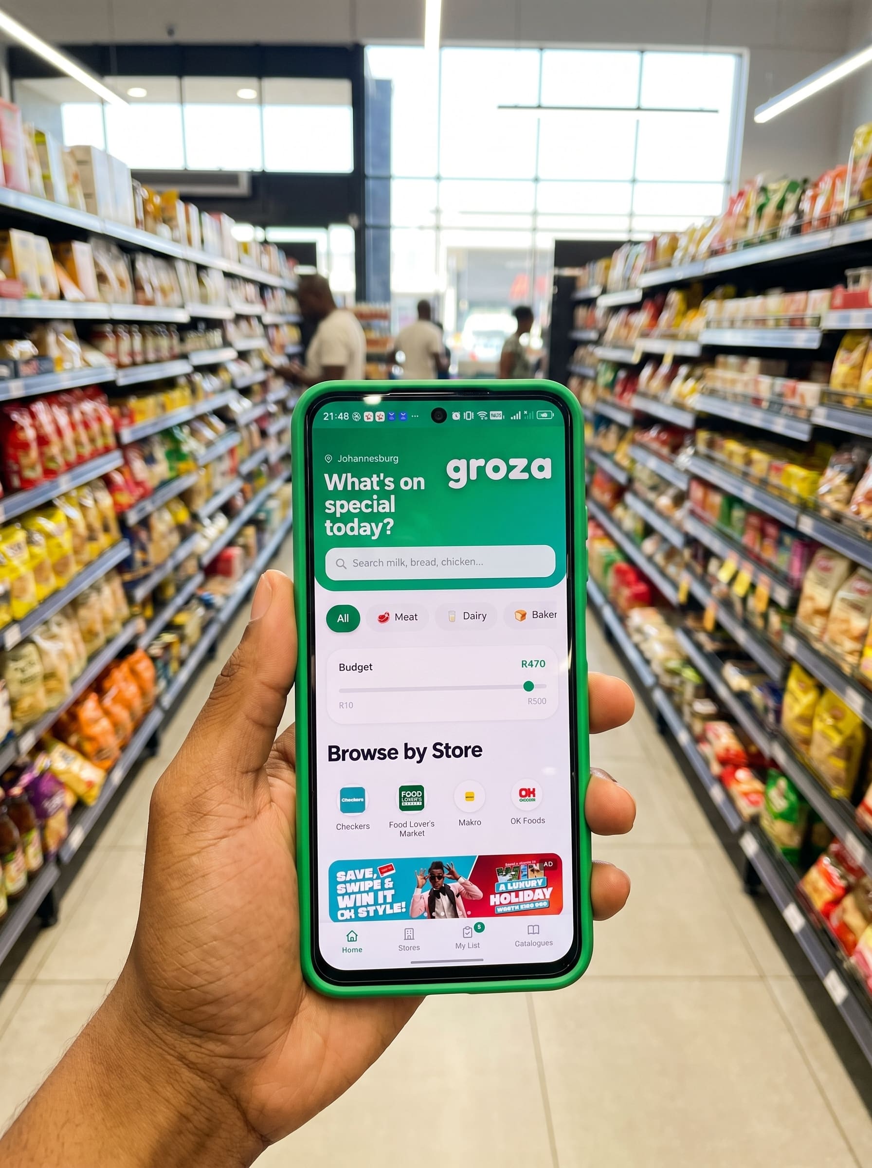 A specials app in use in a supermarket aisle