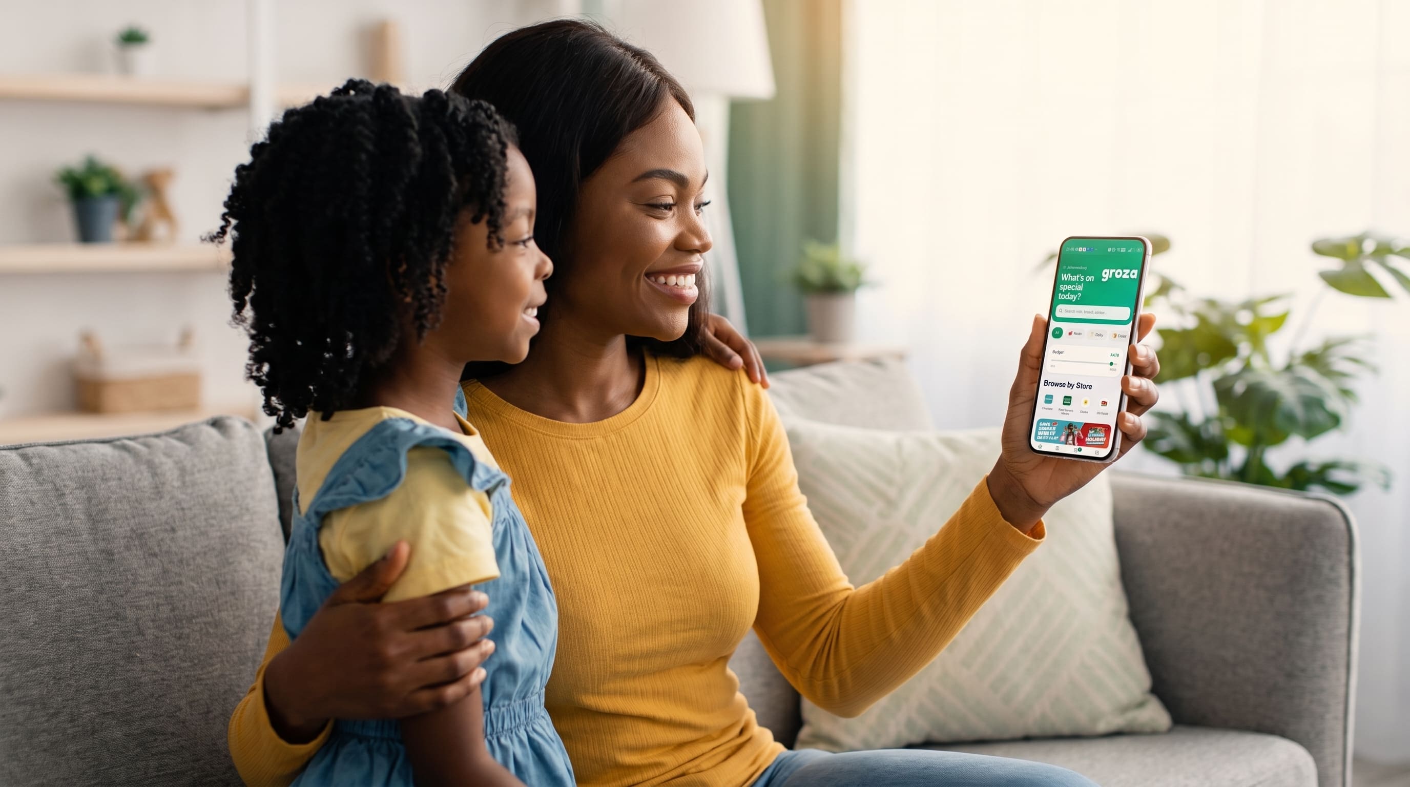 A mother showing a shopping app to her daughter