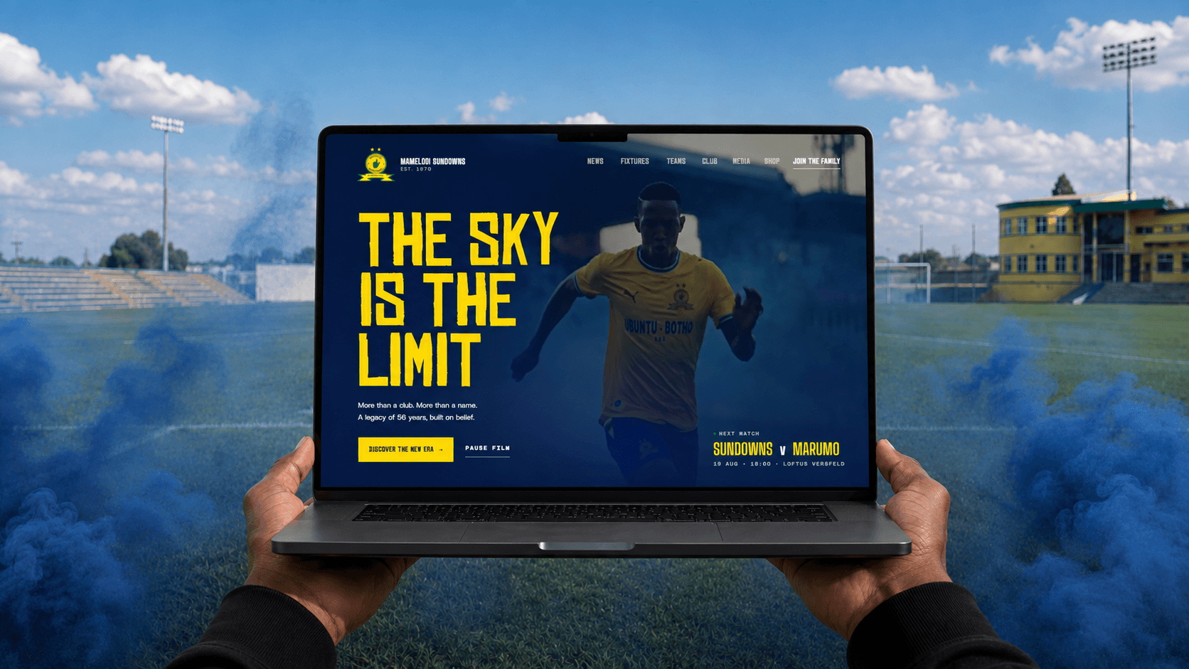 Mamelodi Sundowns website presented on a laptop in a stadium environment