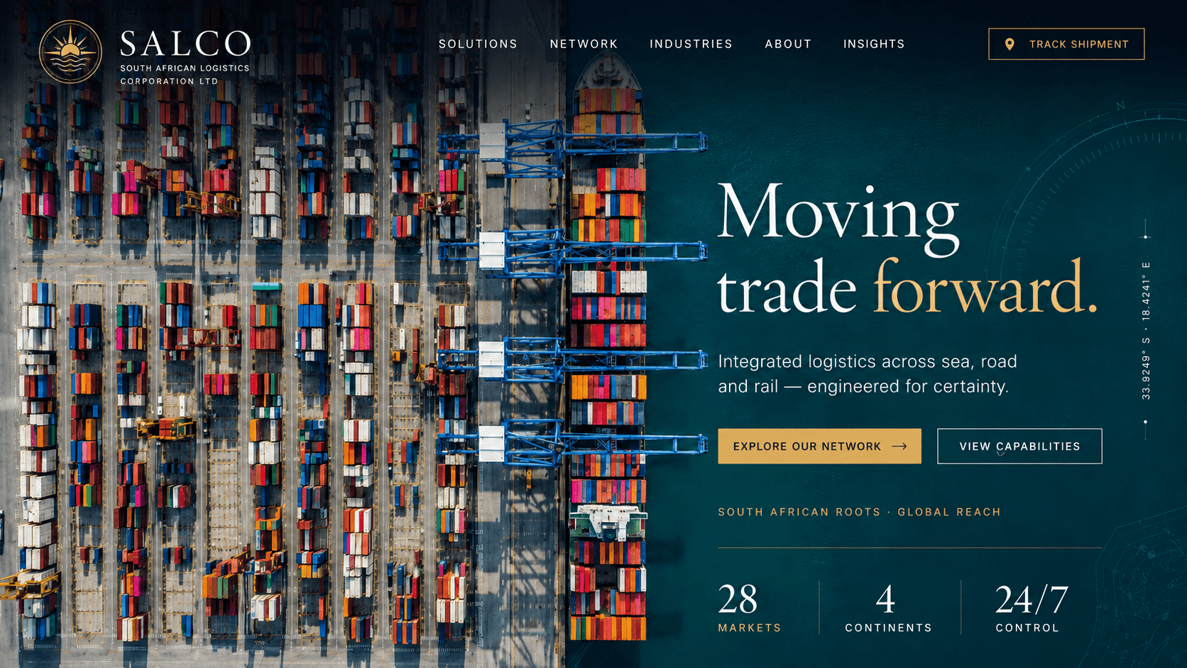 Salco logistics website hero showing an aerial view of a container port